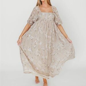 Worth Collective Mona Maxi Dress in Beige/Brown floral